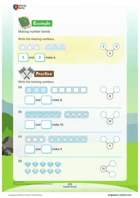 First page of the Primary 1 worksheet: Number bonds to 10, Making number bonds, Matching number bonds