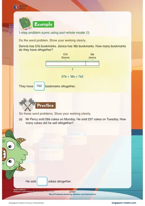 First page of the Primary 2 worksheet: Addition word problems, Part-whole model, Comparison model