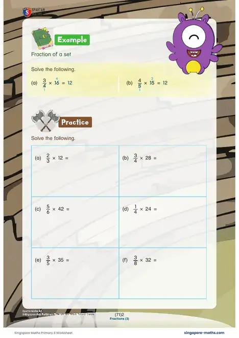 First page of the Primary 4 worksheet: Fraction of a set, Adding fractions, Fraction word problems