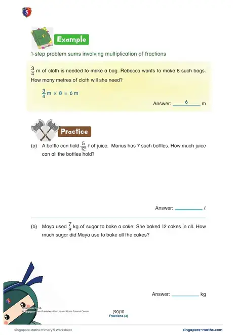 First page of the Primary 5 worksheet: Multiplying fractions by whole numbers, Fraction word problems, Area of triangles