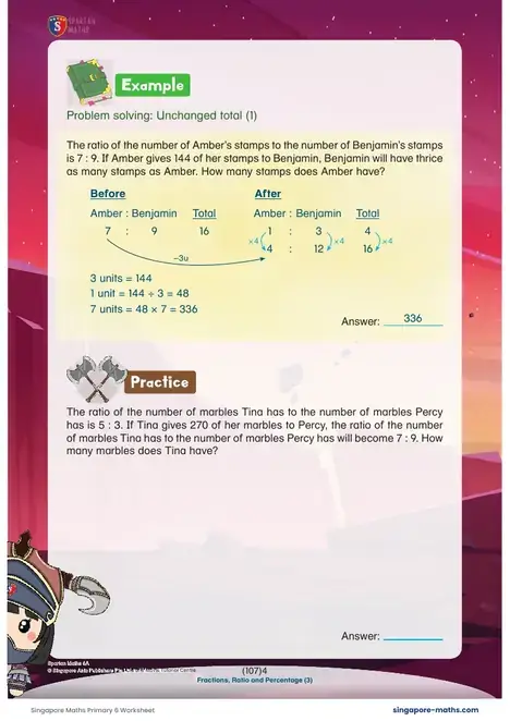 First page of the Primary 6 worksheet: Ratio, Percentage, Unchanged total