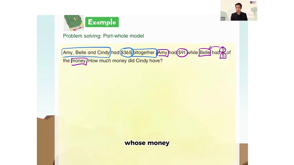 Worked part-whole model lesson with handwritten solution steps