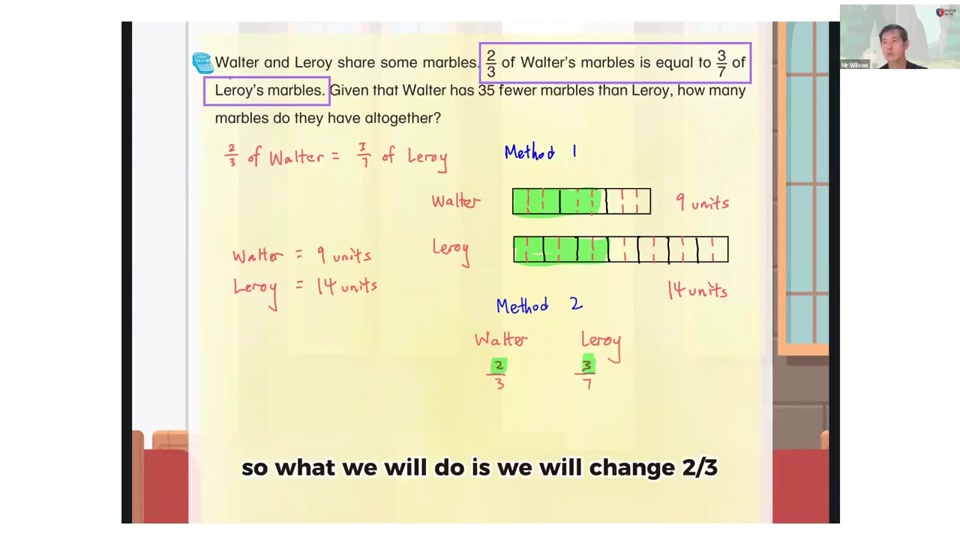 Worked equal fractions lesson with handwritten solution steps