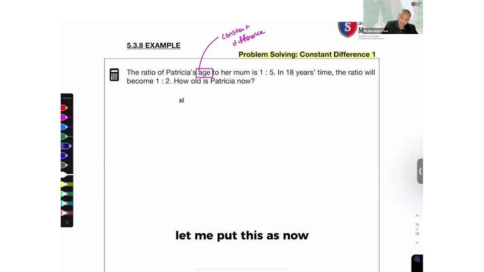 Worked ratio, constant difference lesson with handwritten solution steps