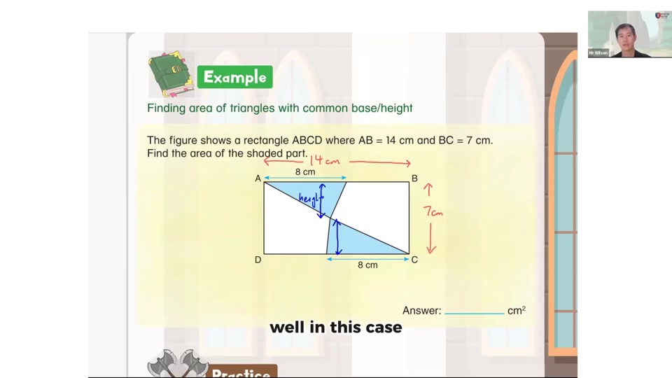 Worked area of triangles lesson with handwritten solution steps