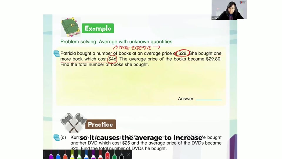 Worked average, unknown quantities lesson with handwritten solution steps
