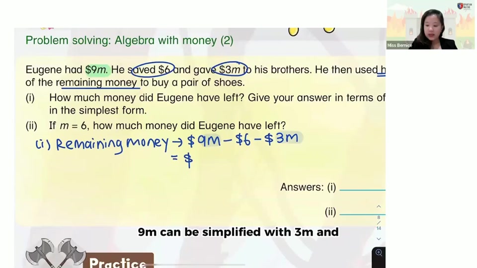 Worked algebra lesson with handwritten solution steps