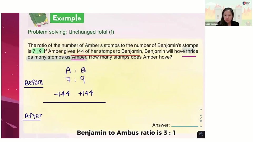 Worked unchanged total, ratio lesson with handwritten solution steps