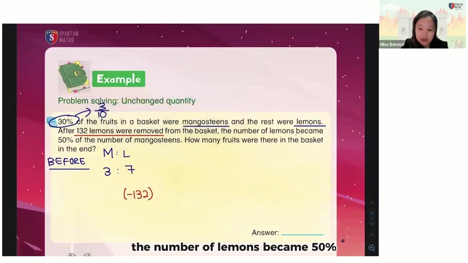 Worked unchanged quantity, percentage lesson with handwritten solution steps
