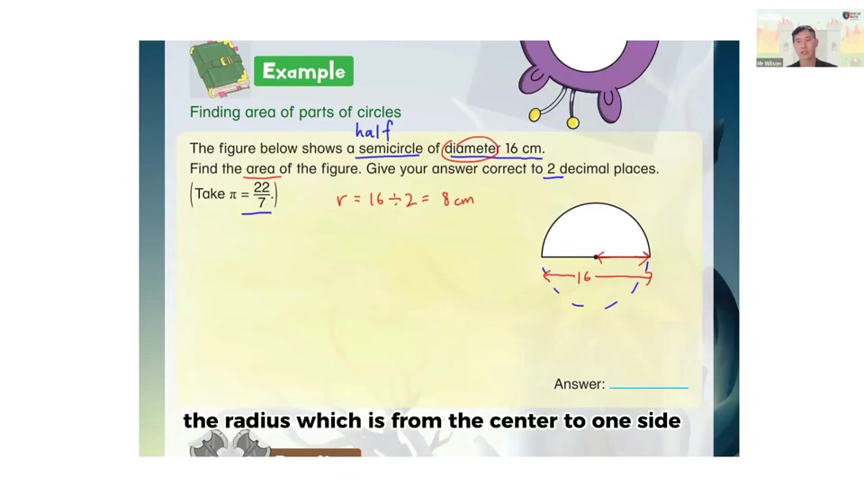 Worked area of parts of circles lesson with handwritten solution steps