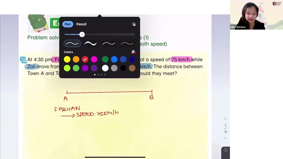 Worked speed, opposite directions lesson with handwritten solution steps